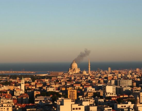 Aerial view of Beirut skyline at dusk following reported airstrike linked to Iran-Israel tensions.