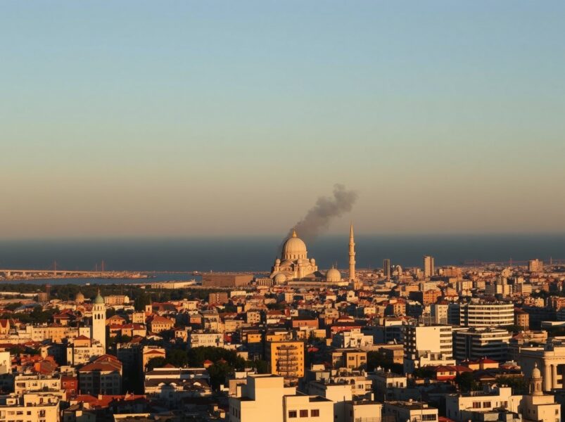 Aerial view of Beirut skyline at dusk following reported airstrike linked to Iran-Israel tensions.