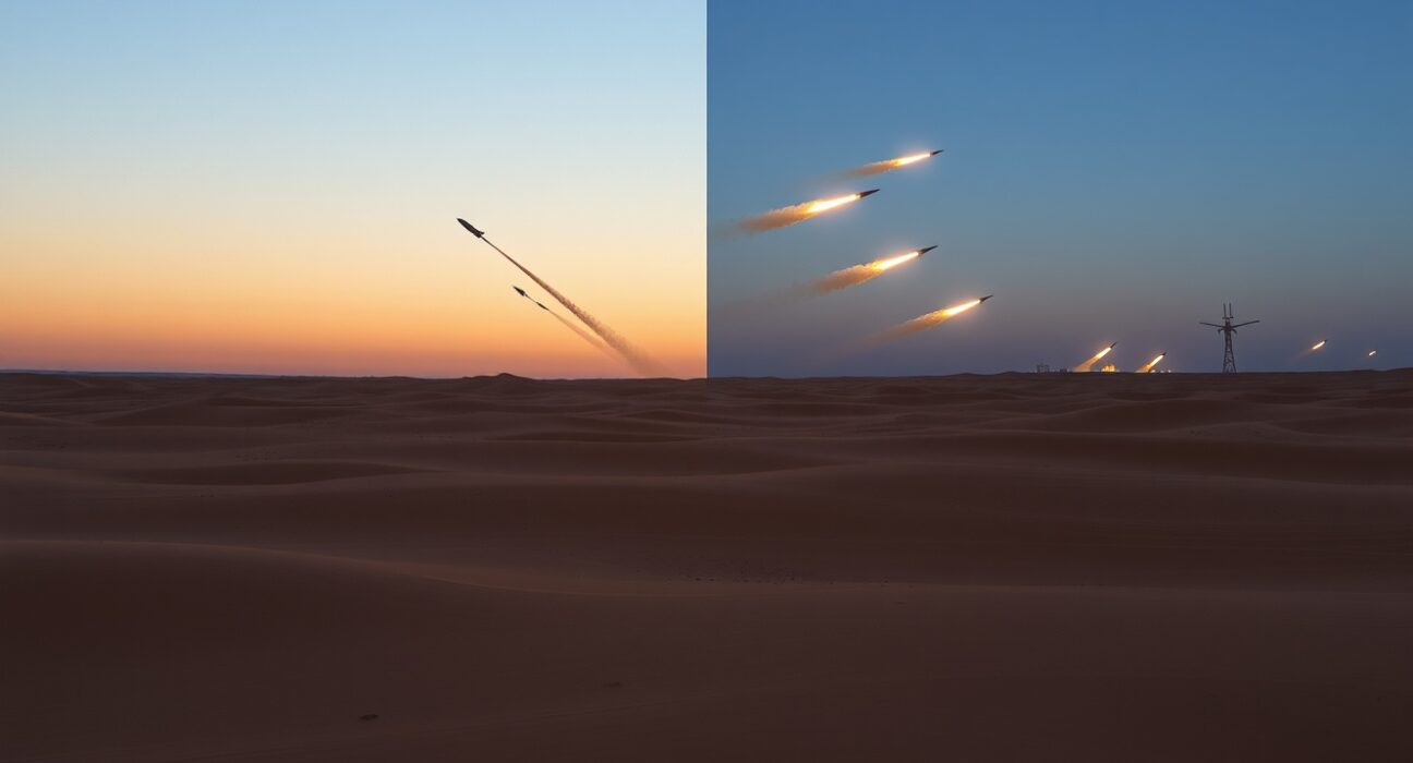 Breaking news image depicting Iran Israel conflict escalation with missile and airstrike symbolism