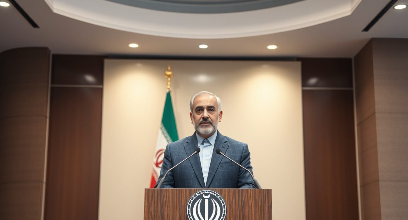 Iranian Foreign Ministry spokesperson Esmail Baghaei speaking at a press conference in Tehran about Lebanon sovereignty deal with US