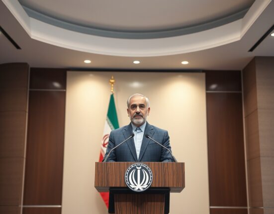 Iranian Foreign Ministry spokesperson Esmail Baghaei speaking at a press conference in Tehran about Lebanon sovereignty deal with US