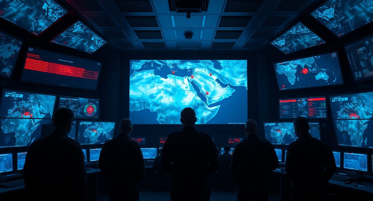 Military personnel monitoring threat maps in a dimly lit command center, representing heightened geopolitical tensions.
