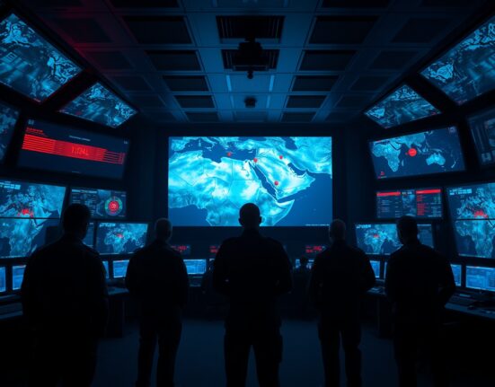 Military personnel monitoring threat maps in a dimly lit command center, representing heightened geopolitical tensions.