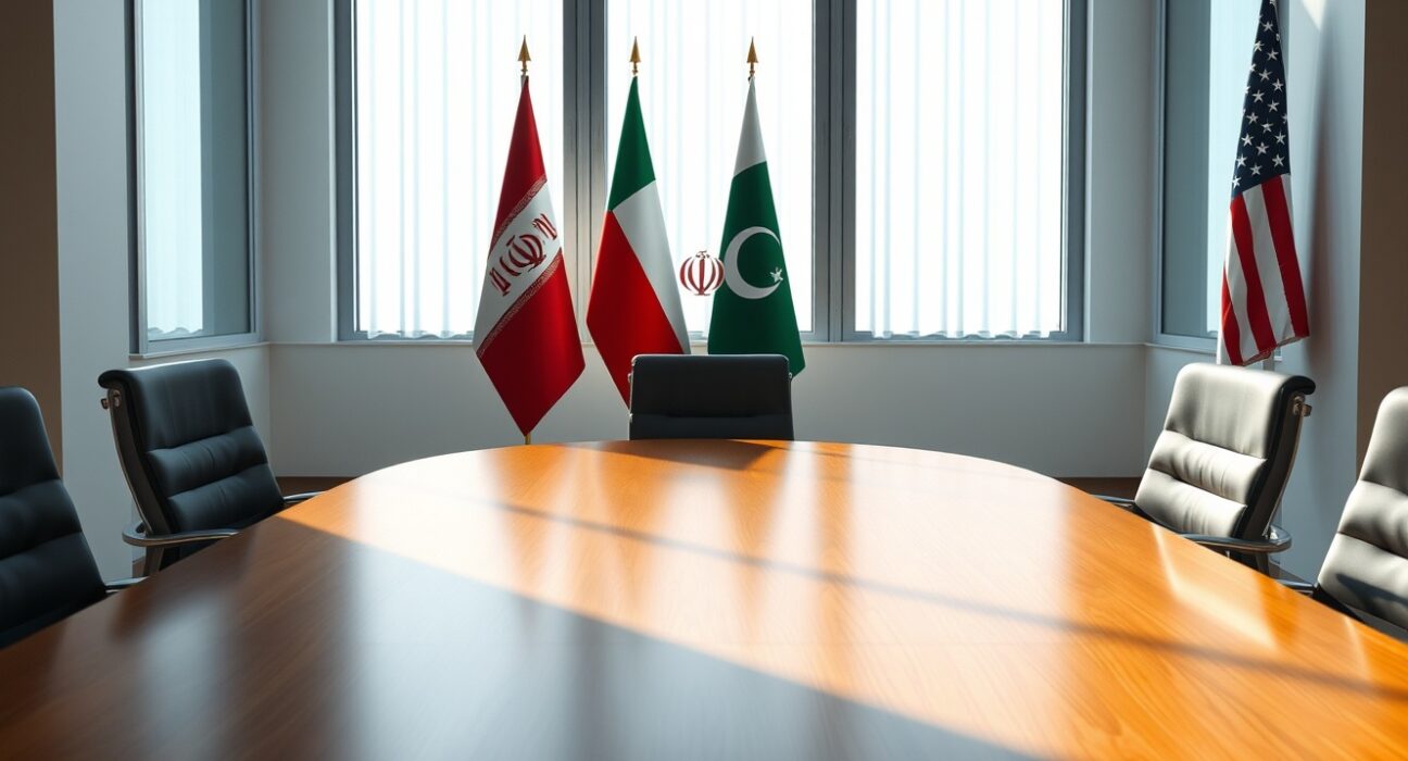 Diplomatic mediation setting with flags of Iran and the US