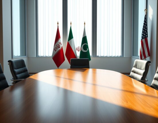 Diplomatic mediation setting with flags of Iran and the US