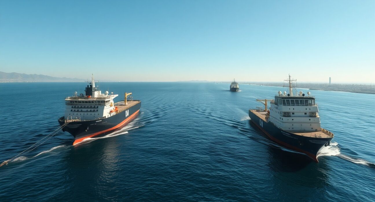 Strategic Strait of Hormuz shipping lane with vessels, central to Iran's defensive operations announcement.