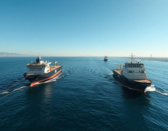Strategic Strait of Hormuz shipping lane with vessels, central to Iran's defensive operations announcement.