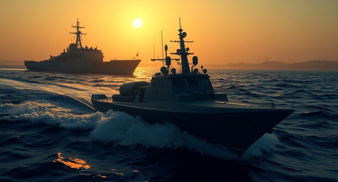 Tense naval standoff between Iranian and US warships in the Strait of Hormuz following seizure incident.