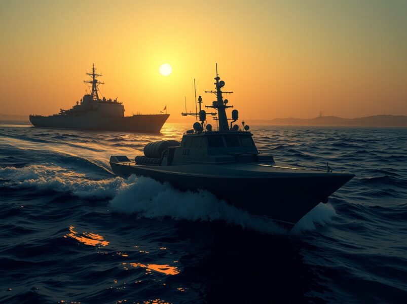 Tense naval standoff between Iranian and US warships in the Strait of Hormuz following seizure incident.