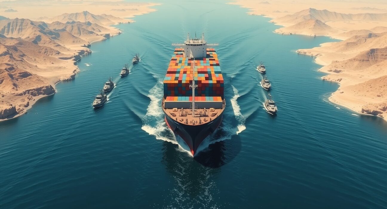 Iranian military control over the Strait of Hormuz shipping lane with container ship navigation