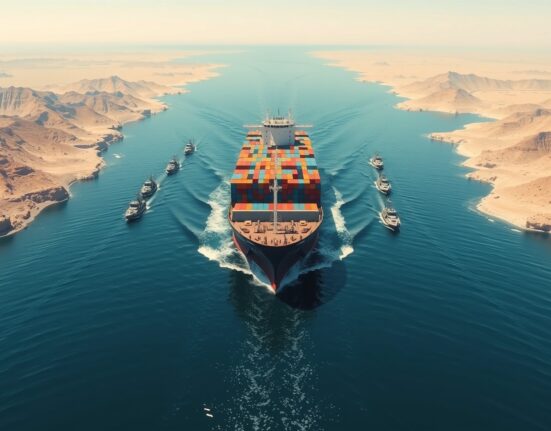 Iranian military control over the Strait of Hormuz shipping lane with container ship navigation