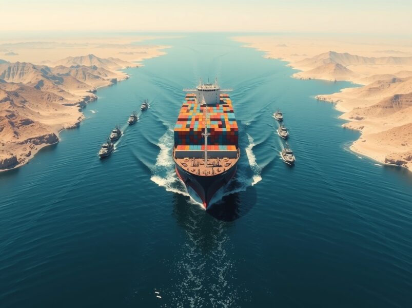 Iranian military control over the Strait of Hormuz shipping lane with container ship navigation