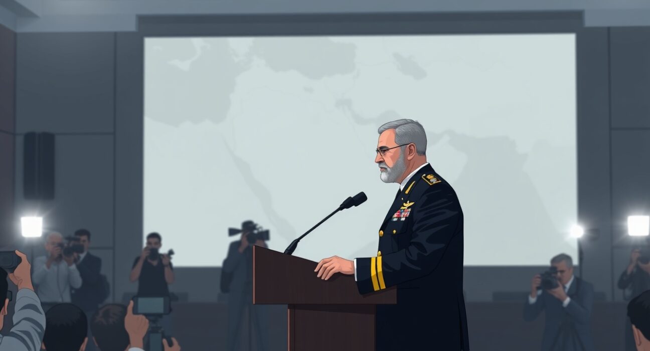 Iranian military officer announces victory in conflict against US and Israel during a press briefing.