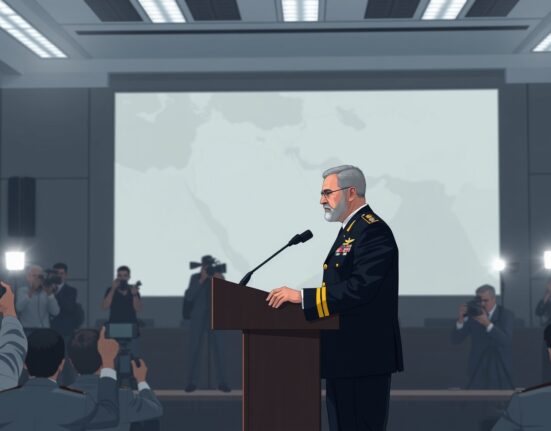 Iranian military officer announces victory in conflict against US and Israel during a press briefing.