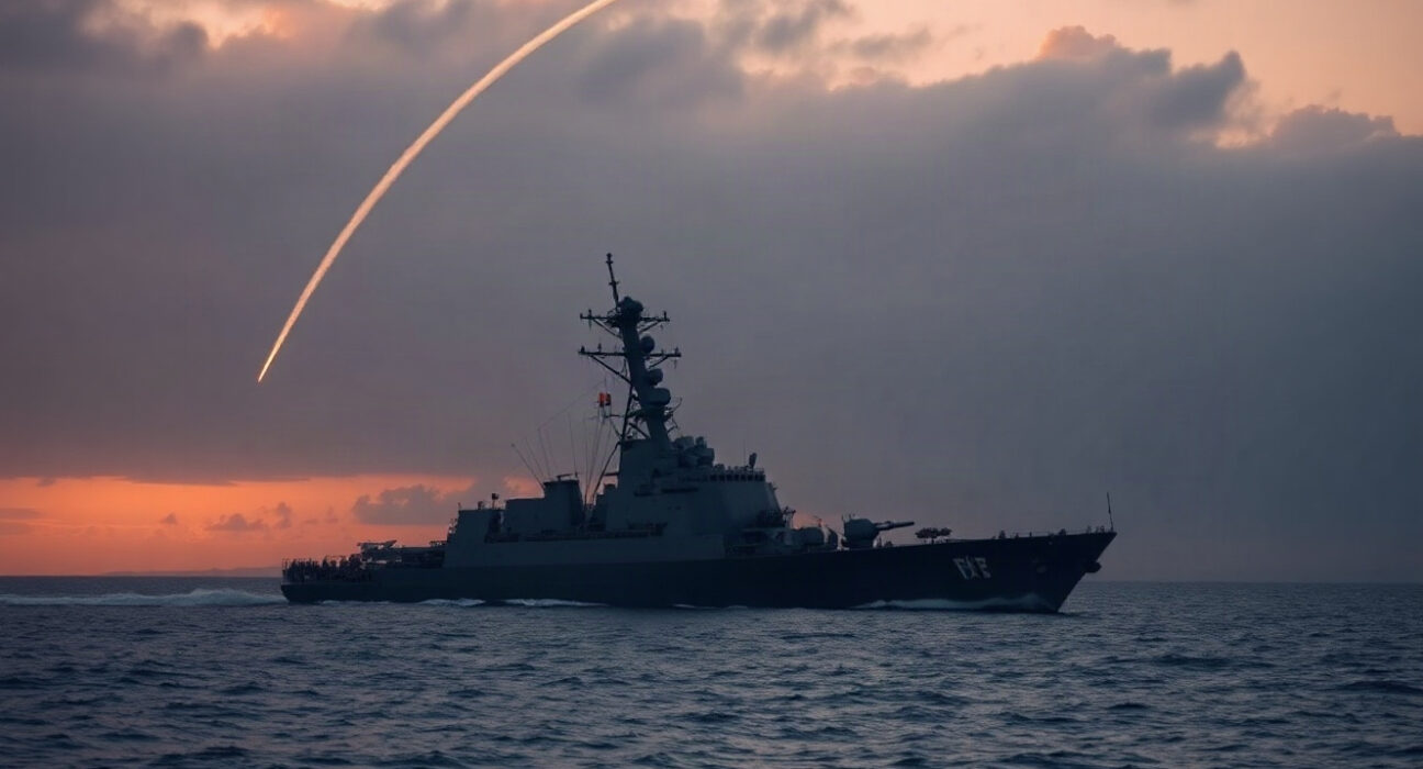 U.S. Navy ship in the Strait of Hormuz with missile trail in the sky during heightened tensions