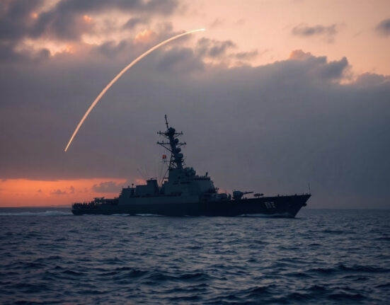 U.S. Navy ship in the Strait of Hormuz with missile trail in the sky during heightened tensions