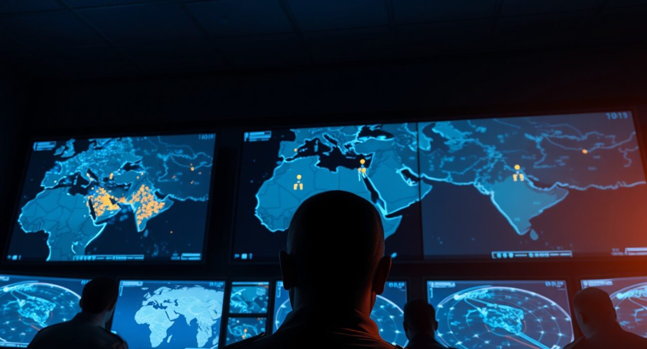 Military command center monitoring Iran missile and drone attack on Israeli and US bases.