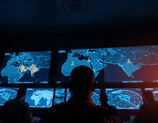 Military command center monitoring Iran missile and drone attack on Israeli and US bases.