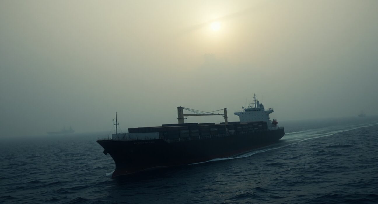 A cargo ship in the Strait of Hormuz with visible damage from a missile strike under overcast skies.