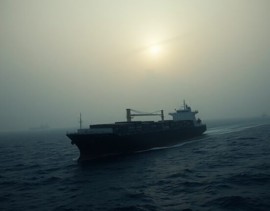 A cargo ship in the Strait of Hormuz with visible damage from a missile strike under overcast skies.