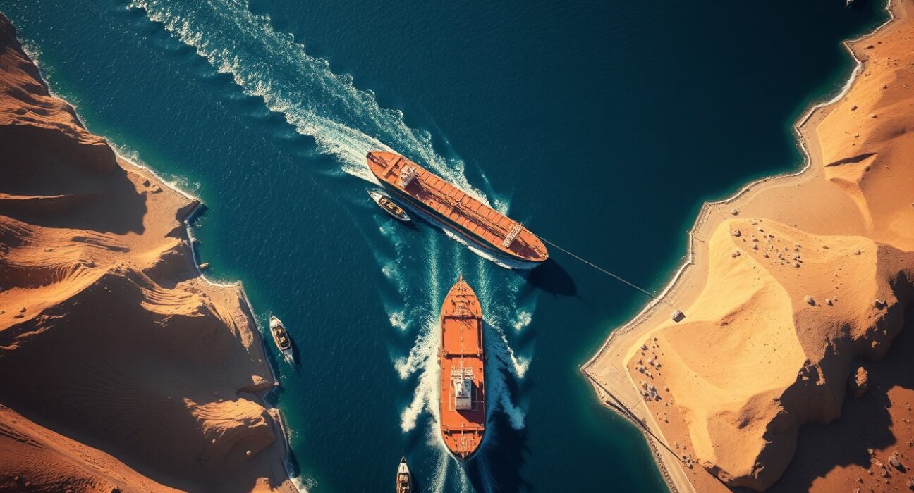 Oil tanker navigating the strategic Strait of Hormuz with Iranian patrol boats nearby