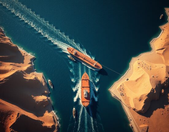 Oil tanker navigating the strategic Strait of Hormuz with Iranian patrol boats nearby