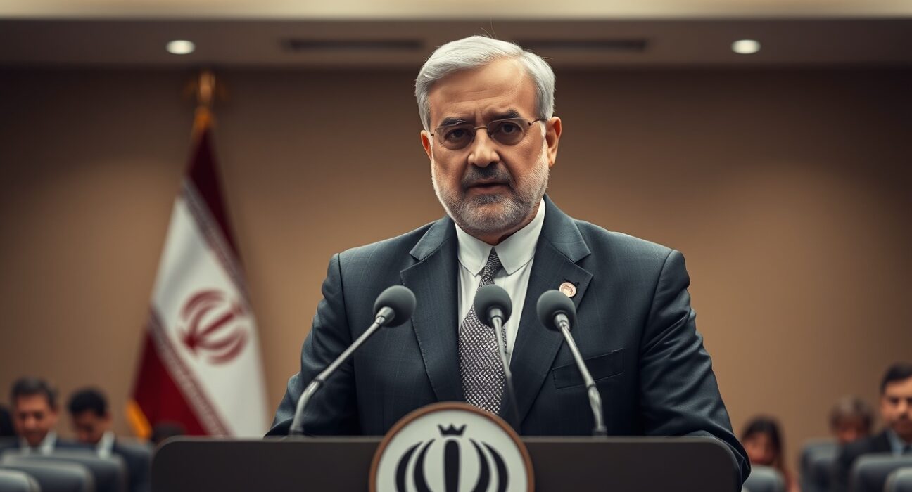 Senior Iranian official speaking at a podium during diplomatic negotiations