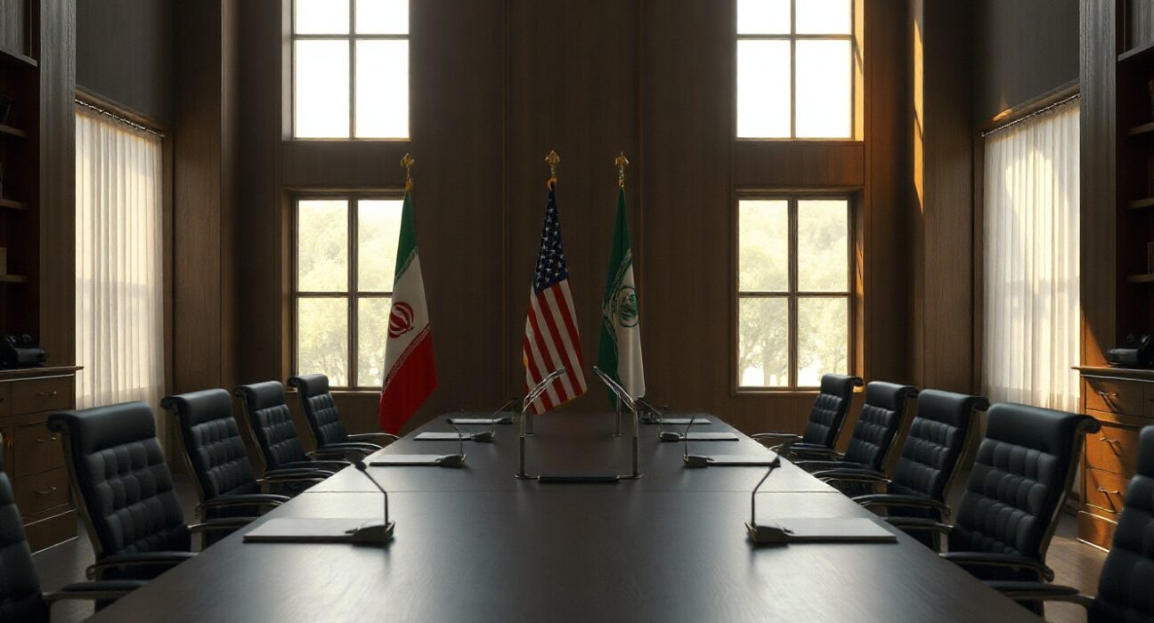 Empty diplomatic negotiation table with Iranian and American flags in a dimly lit meeting room
