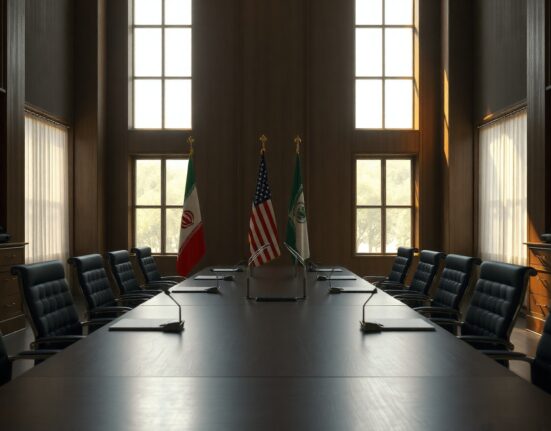 Empty diplomatic negotiation table with Iranian and American flags in a dimly lit meeting room