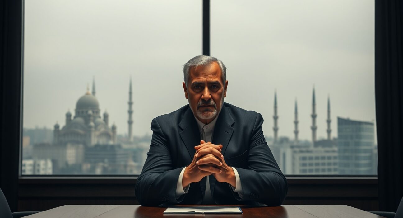 Iranian diplomat in a meeting room, refusing nuclear concessions for war end