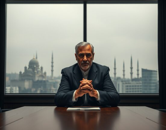 Iranian diplomat in a meeting room, refusing nuclear concessions for war end