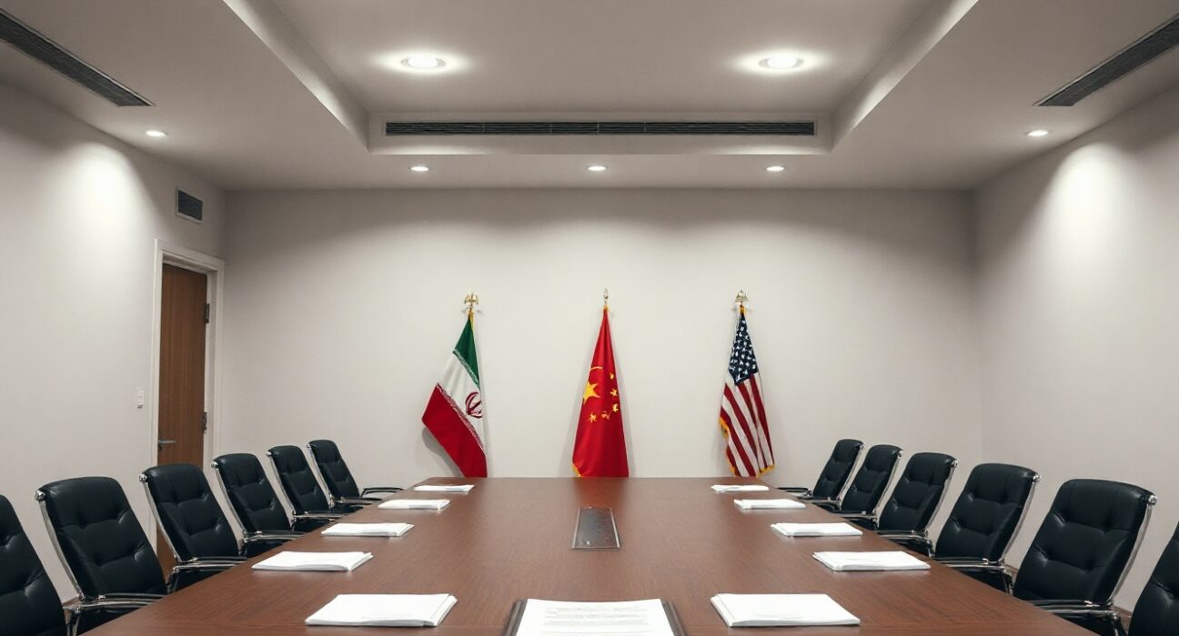 Flags of Iran and the United States on a negotiation table in a formal meeting room