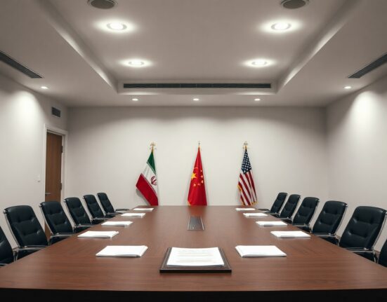 Flags of Iran and the United States on a negotiation table in a formal meeting room