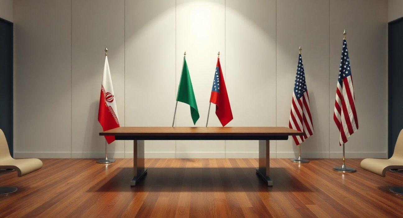 Empty negotiation table with Iranian and American flags in a diplomatic meeting room