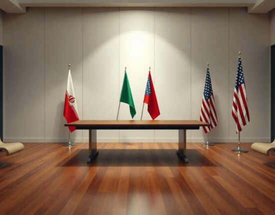 Empty negotiation table with Iranian and American flags in a diplomatic meeting room