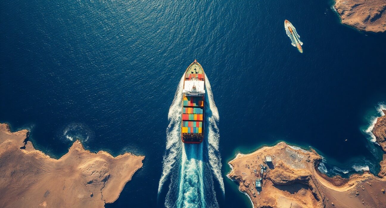 Aerial view of a cargo ship in the Strait of Hormuz, with coastlines on both sides.