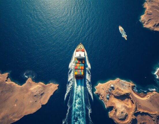 Aerial view of a cargo ship in the Strait of Hormuz, with coastlines on both sides.