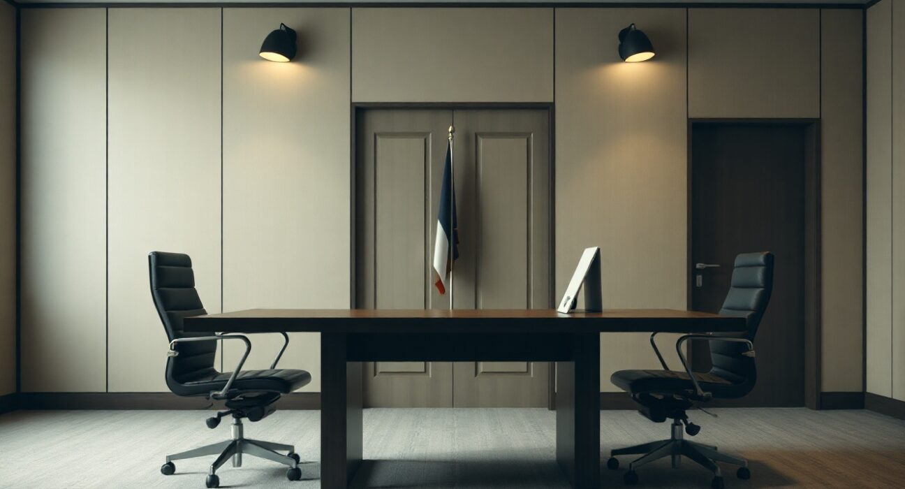 Empty negotiation table in a dimly lit conference room representing stalled diplomatic talks