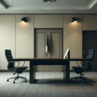 Empty negotiation table in a dimly lit conference room representing stalled diplomatic talks