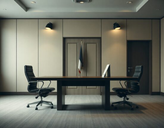 Empty negotiation table in a dimly lit conference room representing stalled diplomatic talks