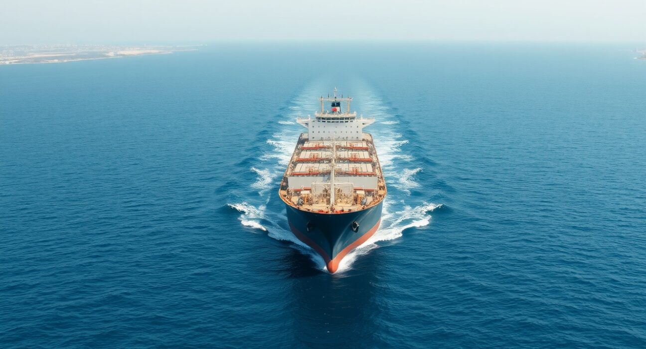 Oil tanker sailing through the Strait of Hormuz with Iranian coastline visible.
