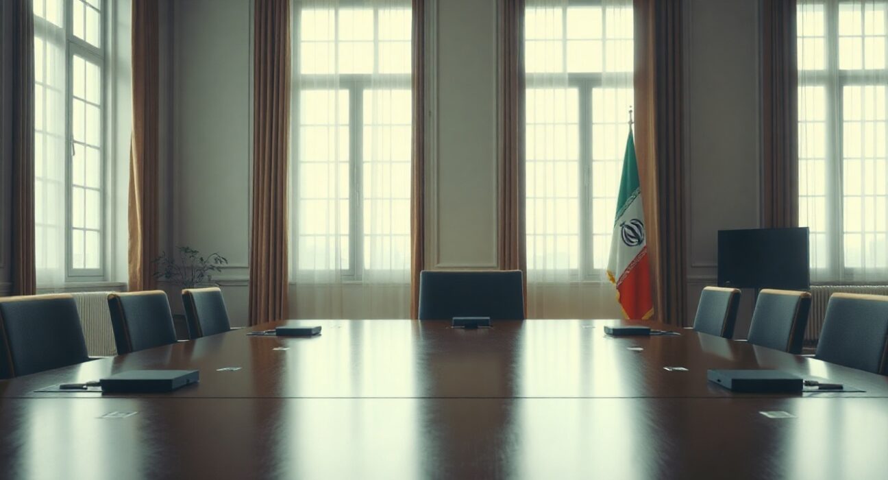 Empty chair at a diplomatic negotiation table with Iranian flag in background, representing stalled nuclear talks.