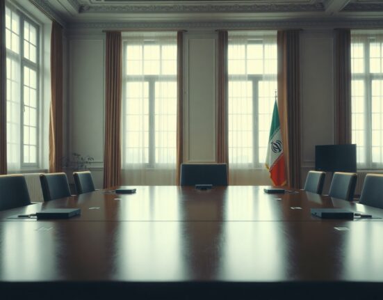 Empty chair at a diplomatic negotiation table with Iranian flag in background, representing stalled nuclear talks.