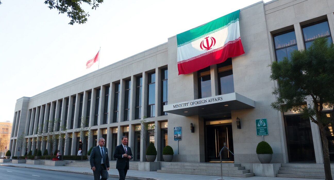 Iranian Ministry of Foreign Affairs building in Tehran with national flag