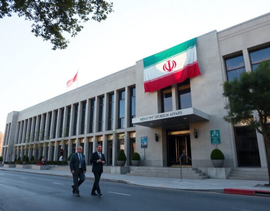 Iranian Ministry of Foreign Affairs building in Tehran with national flag