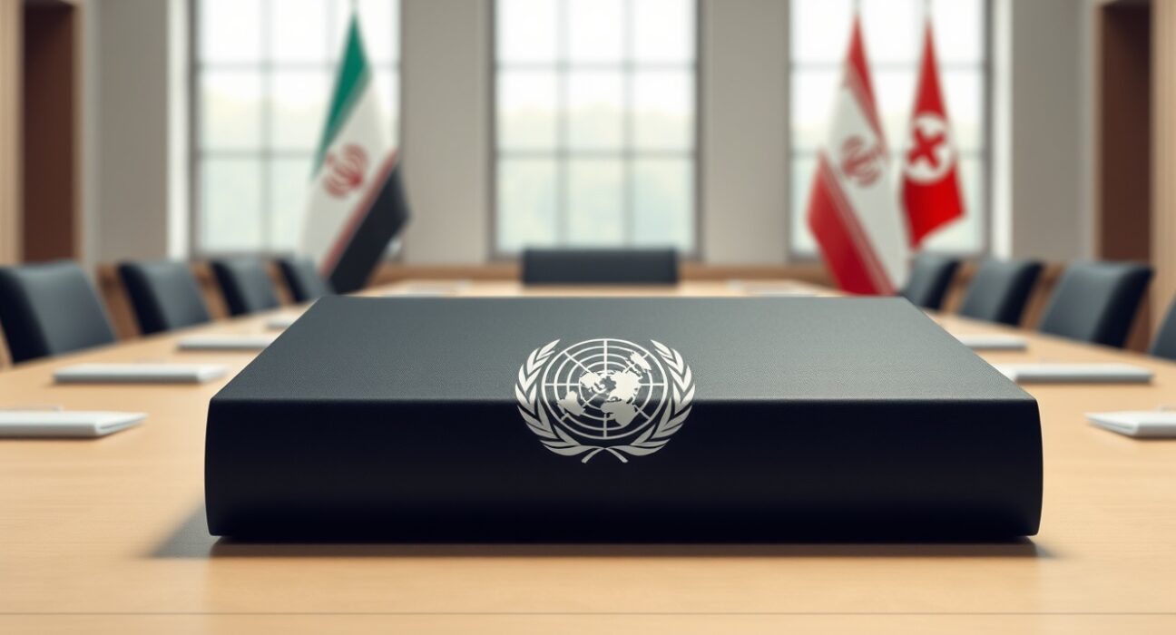 Symbolic representation of the Iran nuclear deal proposal document on a diplomatic table.