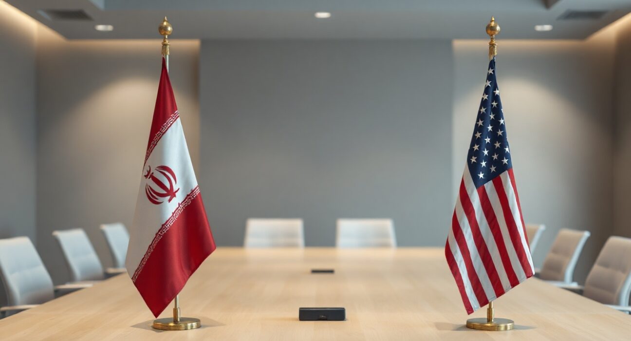 Iranian and American flags in an empty diplomatic meeting room, symbolizing nuclear negotiations.