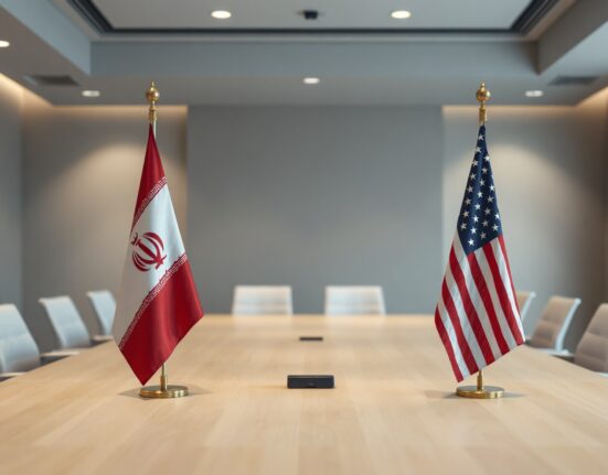 Iranian and American flags in an empty diplomatic meeting room, symbolizing nuclear negotiations.