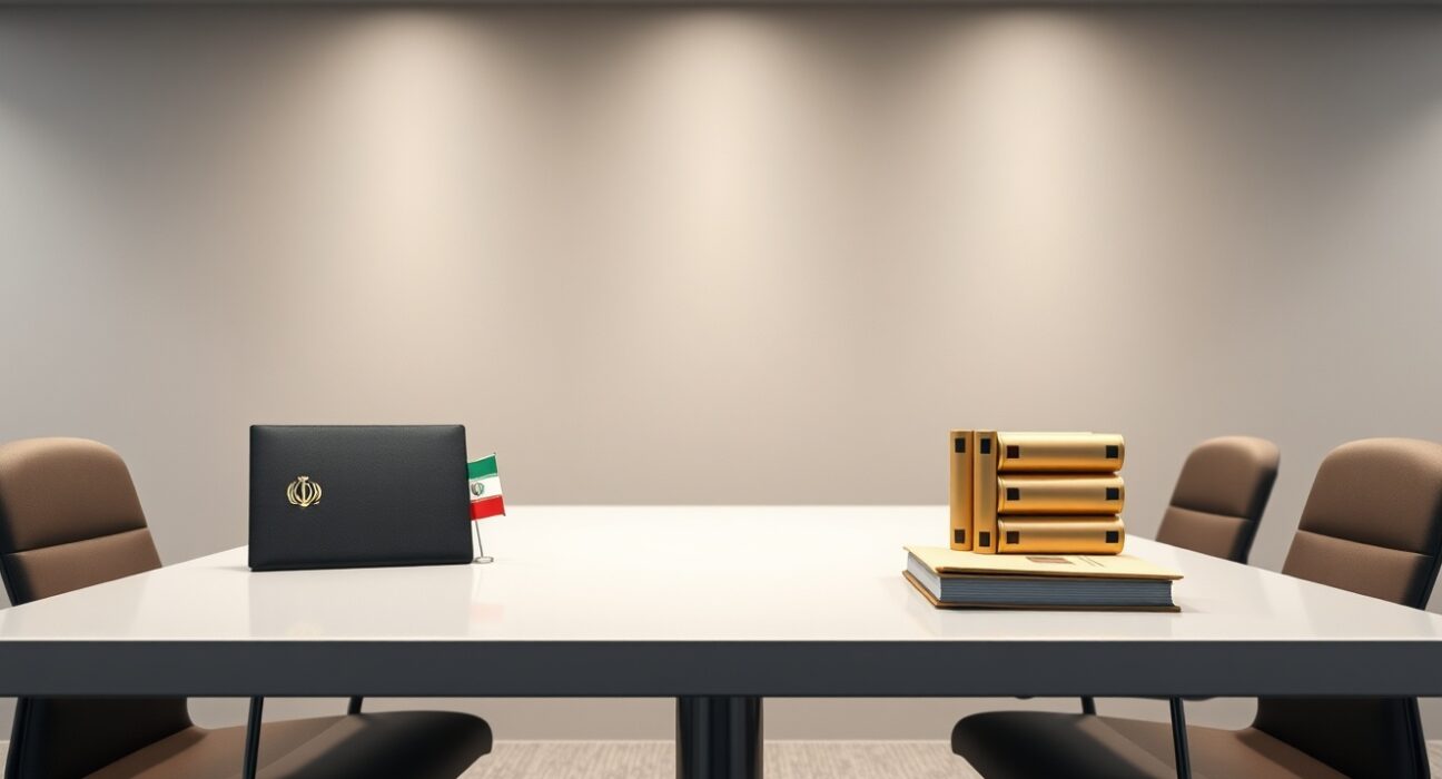 Symbolic diplomatic setting for potential Iran-US nuclear negotiations with flags and documents.