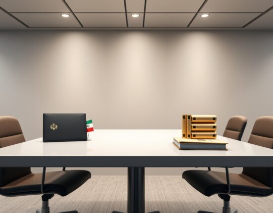 Symbolic diplomatic setting for potential Iran-US nuclear negotiations with flags and documents.